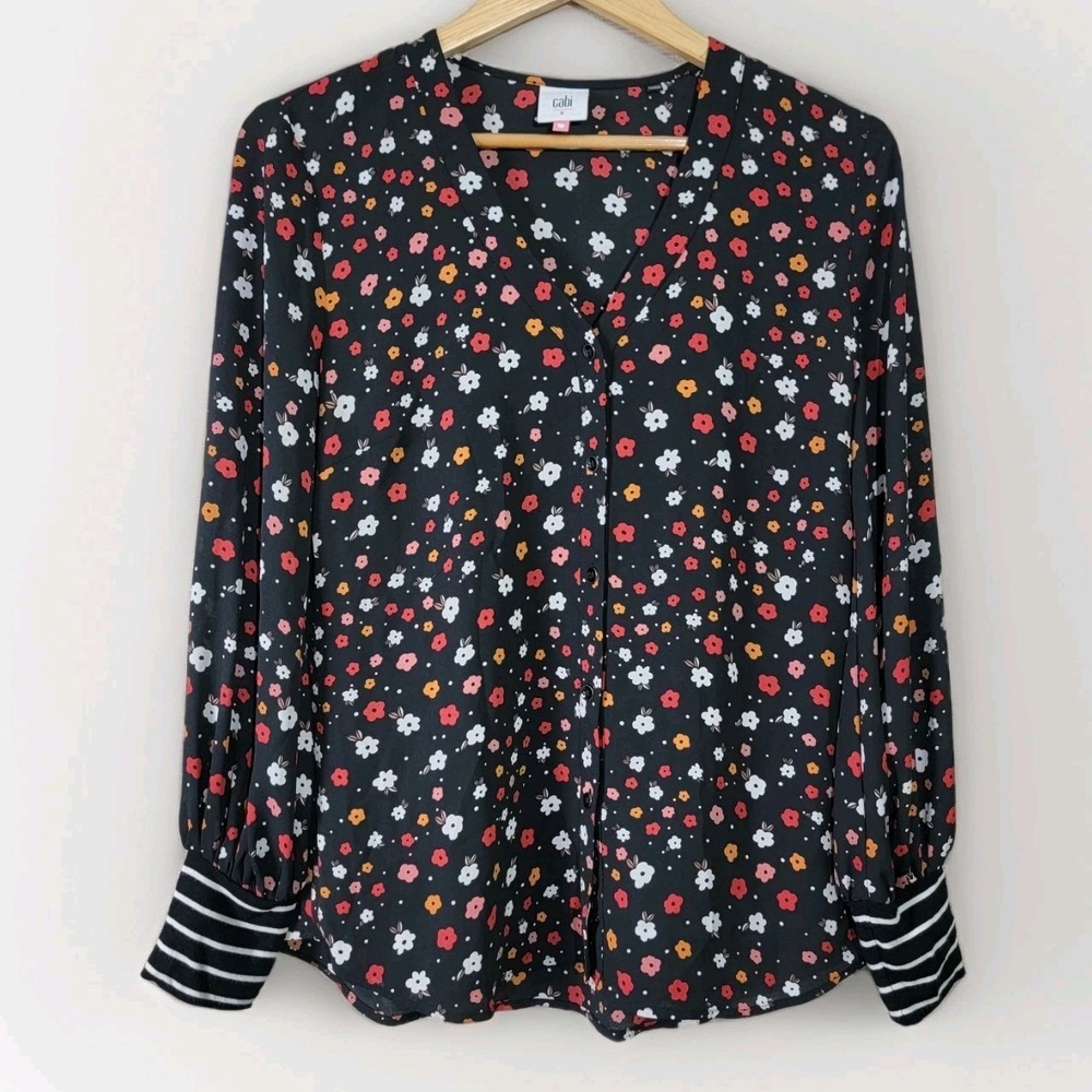 Cabi Women Small Bloom Blouse Black Floral‎ Long Sleeve V-Neck Button Front Top